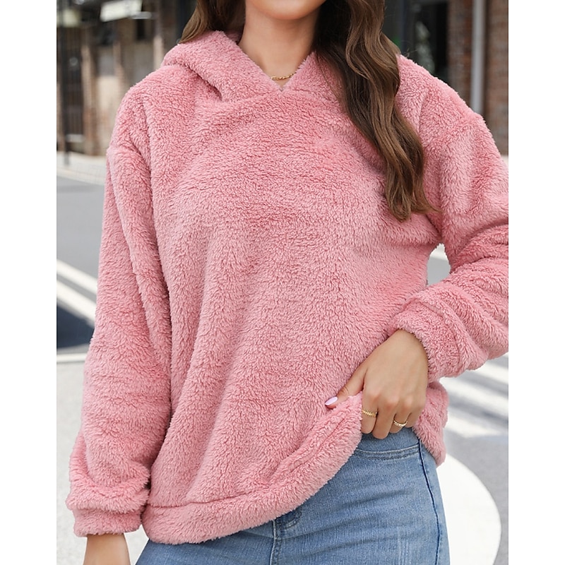 Women's Pullover Hoodie Sweatshirt Plain Streetwear Casual Long Sleeve Hooded Regular Tops Street Holiday Going out Pink Winter2