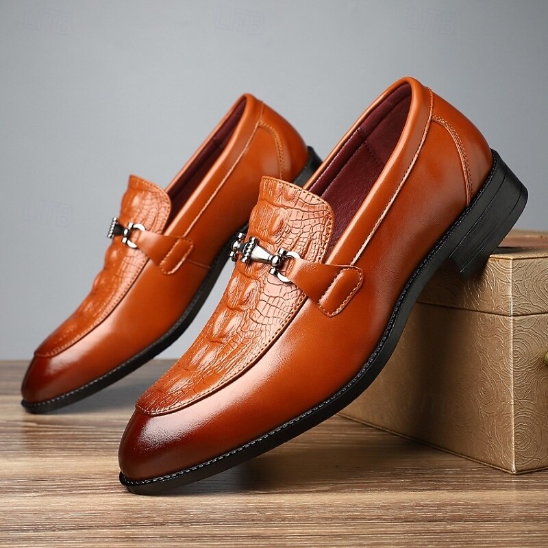 Men's Tan Crocodile Pattern Faux Leather Loafers – Elegant Slip-on Dress Shoes with Decorative Metal Bit for Weddings, Office Meetings and Formal Social Events4