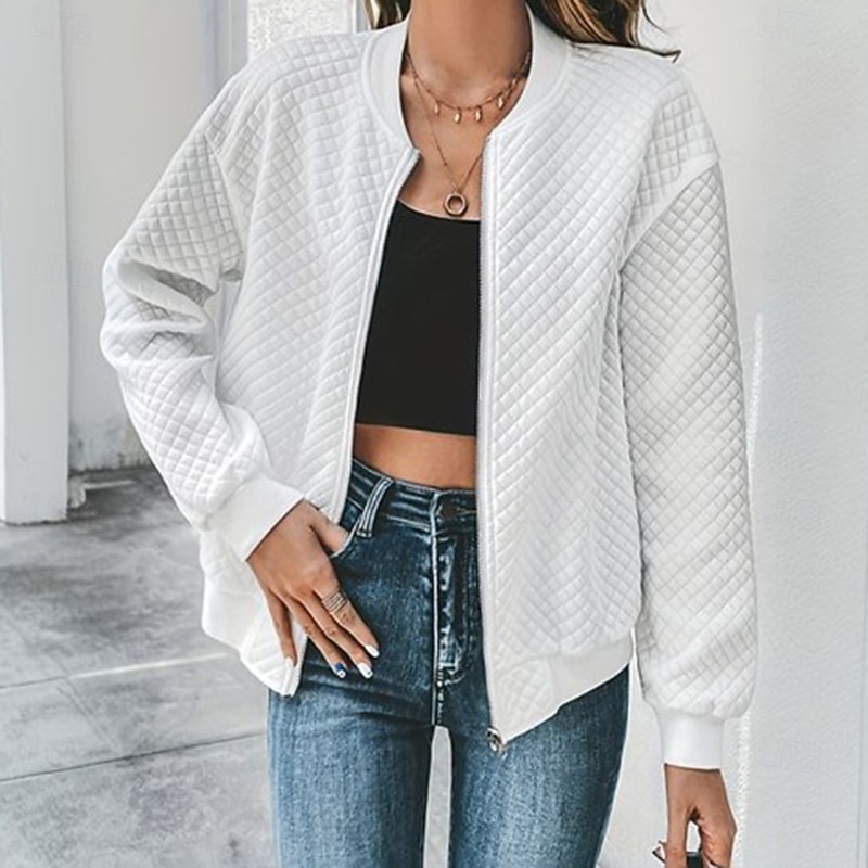 Women's Casual Jacket Comfortable Breathable Full Zip Outdoor Casual Plain Casual Daily Wear Regular Notch Lapel Regular Fit Long Sleeve Outerwear Black White Khaki Fall Winter