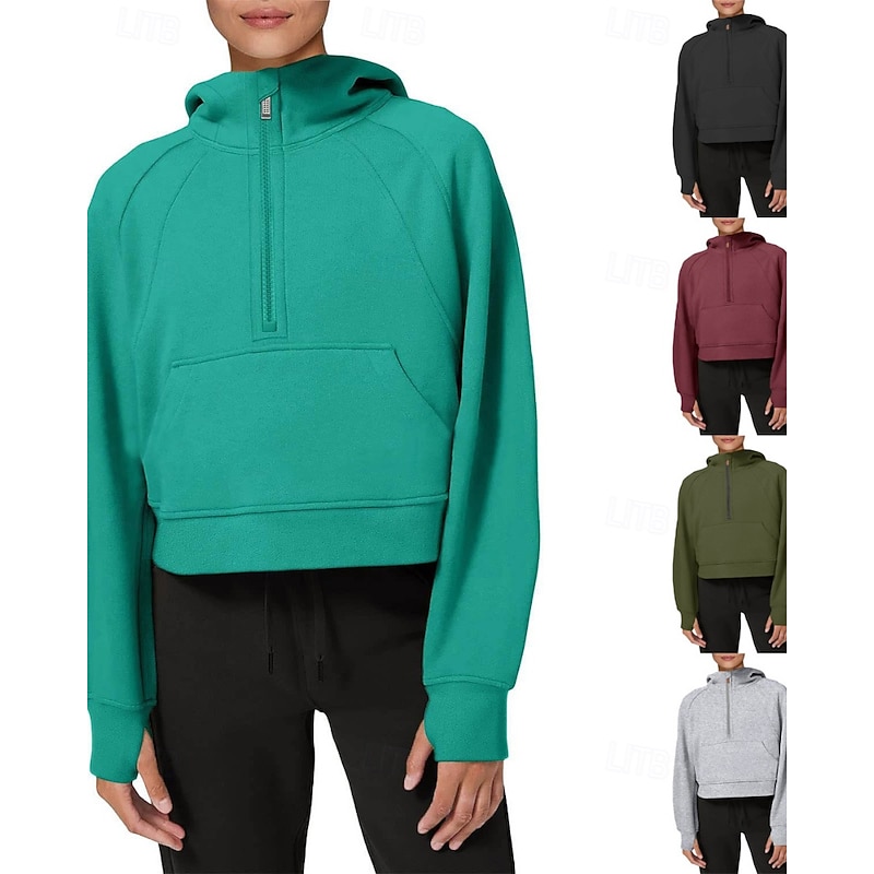 Women's Pullover Hoodie Sweatshirt Plain Streetwear Long Sleeve Hooded Regular Tops Holiday Going out Half Zipper Quarter Zipper Pocket Half Zip Black Wine Green Light Grey Fall Winter