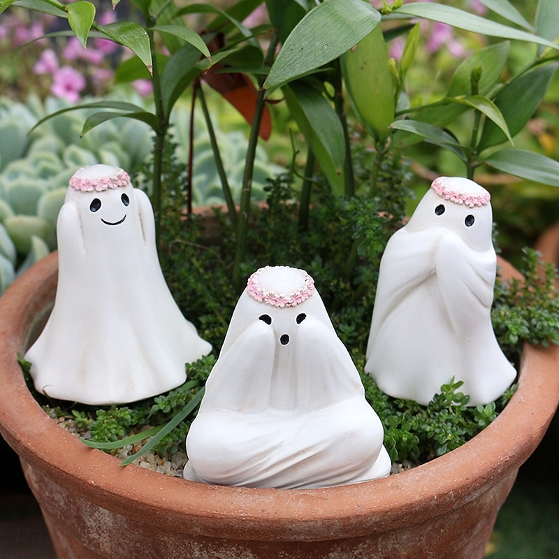 3pcs Halloween Resin Cute Ghost Decoration Figurines Set See No Evil, Hear No Evil, Speak No Evil Statues, Spooky Outdoor Yard, Lawn, Planter, and Desktop Home Decorations3