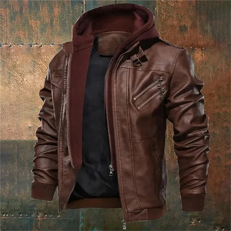 Men's Faux Leather Jacket Biker Jacket Motorcycle Jacket Vacation Daily Windproof Warm Pocket Fall Winter Plain Fashion Classic Hooded Regular Black Coffee Gray Jacket