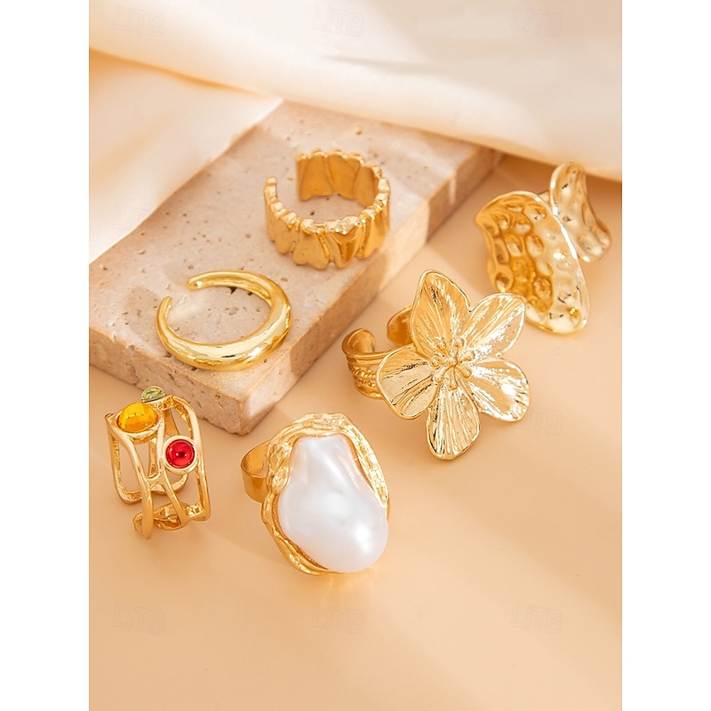 Women's 6-Piece Vintage Gold Ring Set with Pearl, Floral, and Gemstone Accents – Fashion Statement Alloy Rings for Party and Daily Wear4