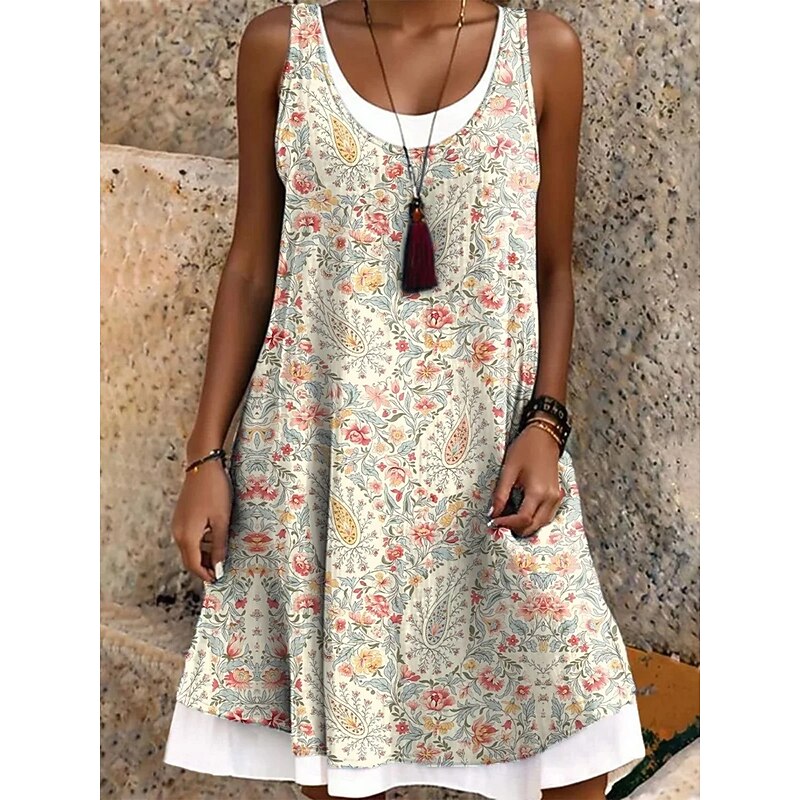 Women's Midi Dress Sundress A Line Dress Off The Shoulder Dress Vacation Casual Boho Daily Loose Fit Floral Graphic Paisley Sleeveless Crew Neck Orange Beige Summer Spring Fall2