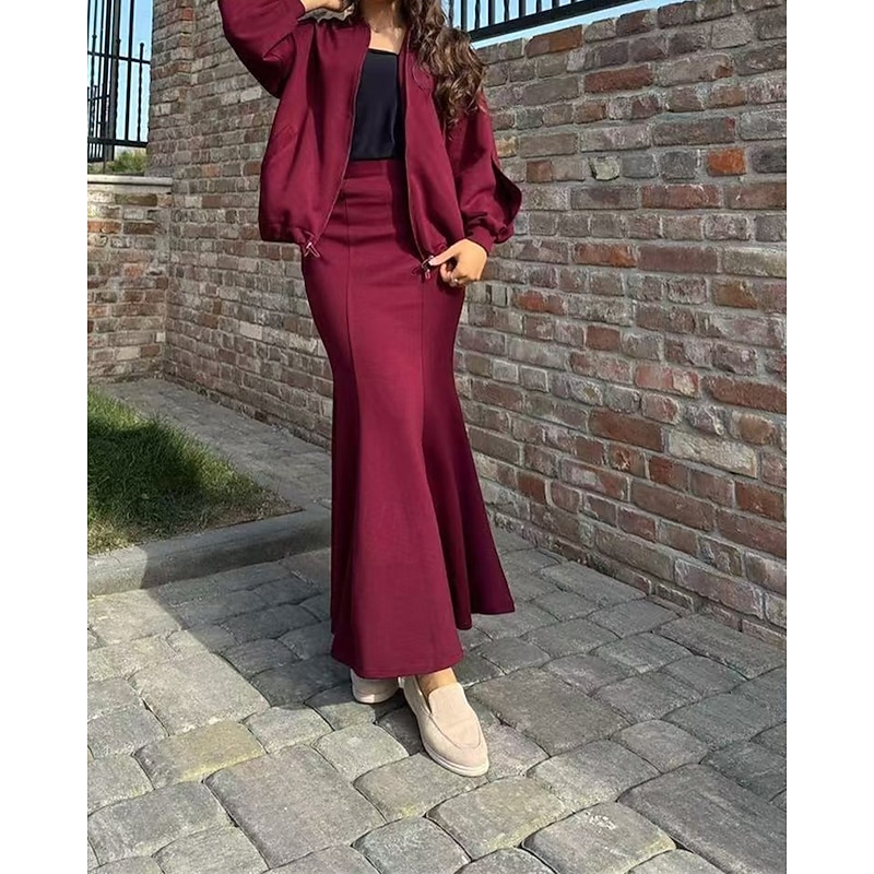 Women's Dress Set Summer Dress Midi Dress Casual Plain Zipper Maxi Dress Long Sleeve V Neck Outdoor Date Black Wine Coffee Summer Loose Fit