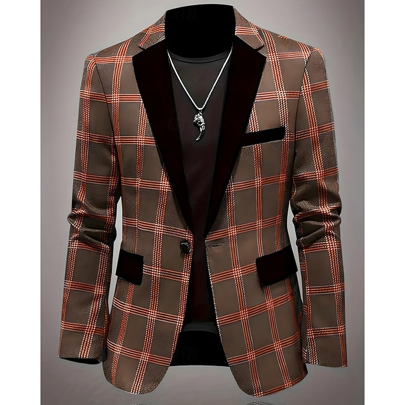 Men's Blazer Business Cocktail Party Wedding Party Fashion Casual Spring Fall Polyester Plaid Pocket Buttons Comfortable Single Breasted Blazer Black Blue Brown