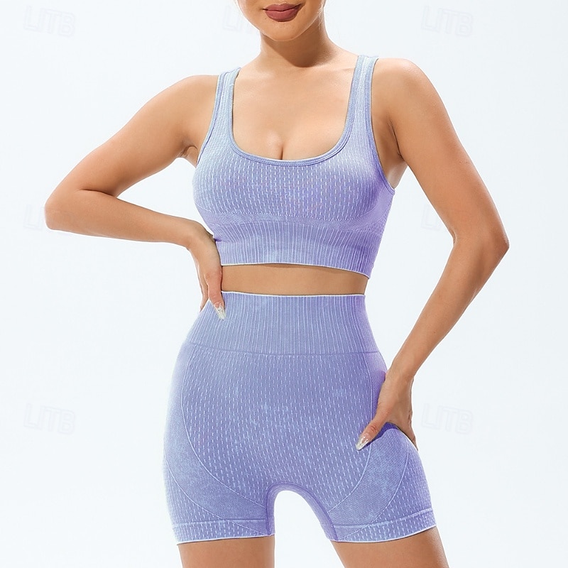 Women's 2 Pieces Sports Bras Workout Sets Yoga Outfits Acid Wash Solid Color Clothing Suit Black Blue Gym Workout High Waist Stretchy Breathable Sleeveless Sport Activewear Slim4