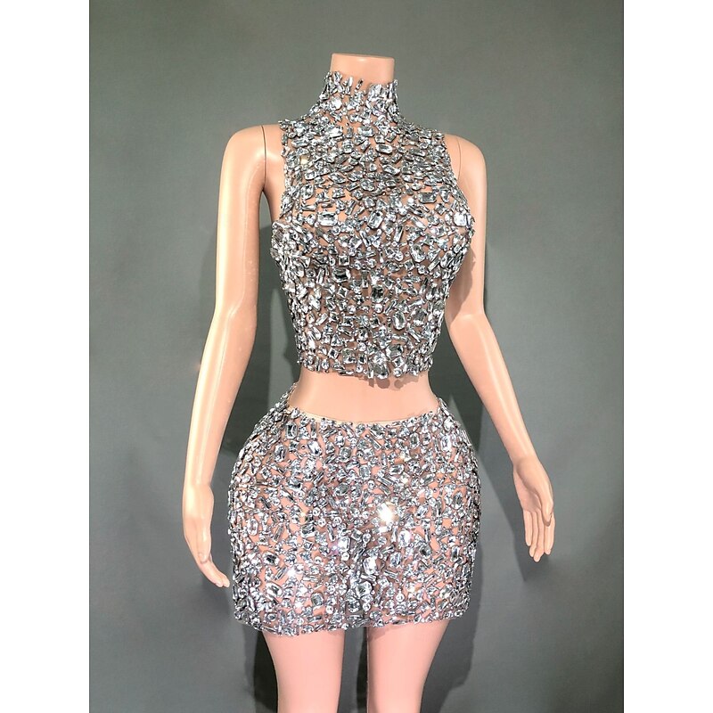 Two-piece Rhinestone Embellished High-neck Mini Dress for Singer Dancer Stage Wear Party Carnival Outfit2