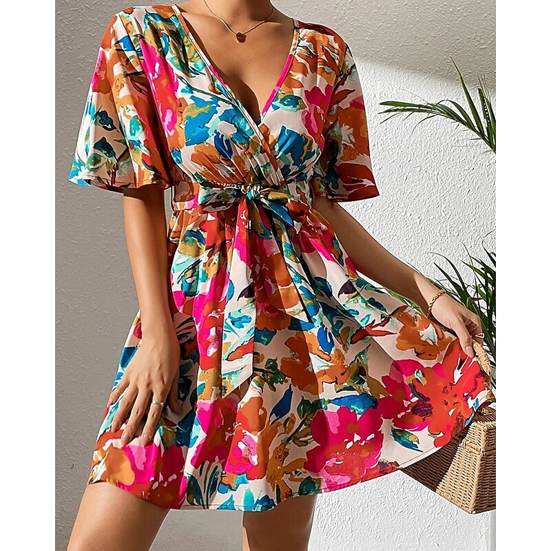 Women's Mini Dress Casual Dress Summer Dress Fashion Outdoor Party Holiday Regular Fit Flower Short Sleeve V Neck Red Summer2