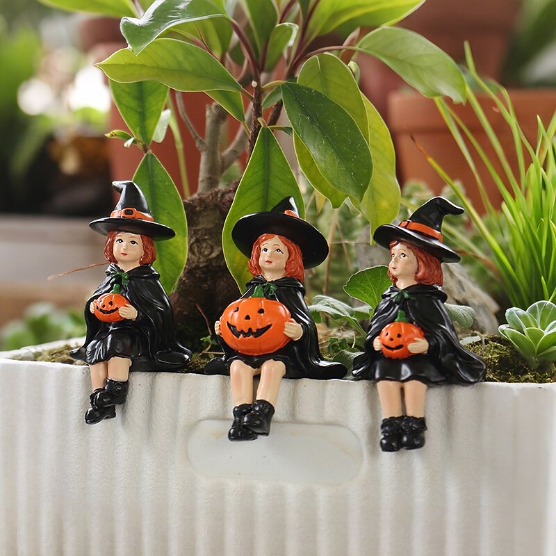 3PCS Halloween Resin Pumpkin Witch Figurines Set, Spooky Outdoor Yard Planter Balcony Bookshelf and Home Decorations3
