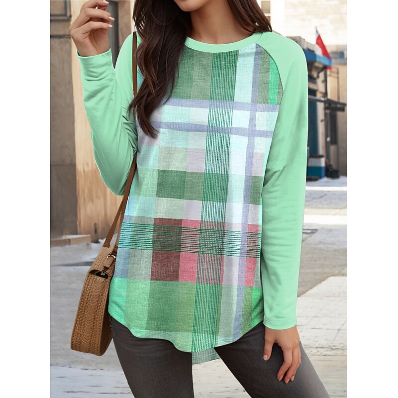 Women's T Shirt Graphic Plaid Vintage Fashion Stylish Long Sleeve Crew Neck Regular Tops Daily Weekend Print Pink Blue Purple Green Spring Fall3