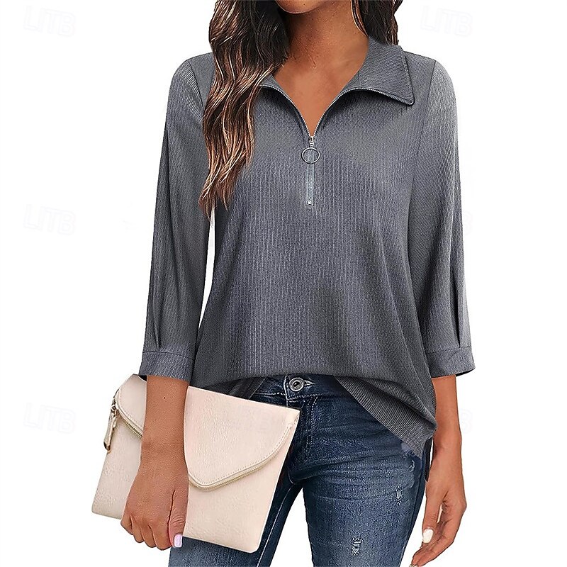 Women's Texture Blouse T Shirt Plain Fashion Modern Short Sleeve Shirt Collar Regular Tops Daily Zipper Black Green Gray Summer2