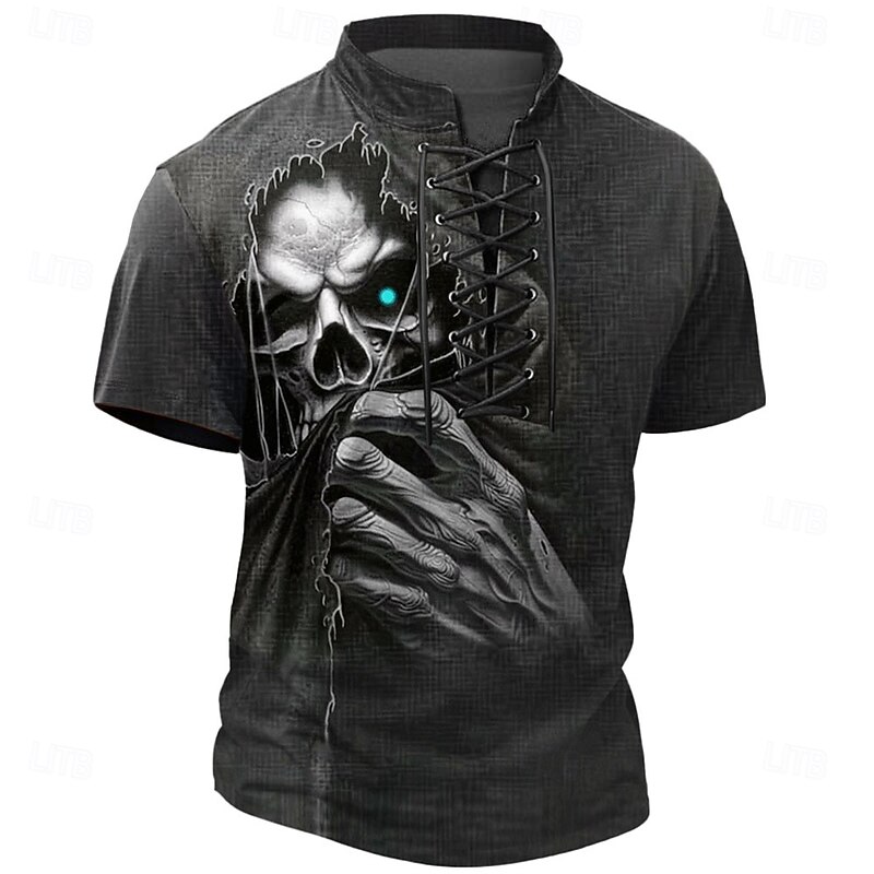 Halloween Men's Skull Henley Shirt T shirt Tee Short Sleeve T shirt 3D Print Crew Neck Lace Up Neck Henley Shirt Casual Street Sports Outdoor Casual Black 1 Black 2 Summer Spring All Seasons Clothing4