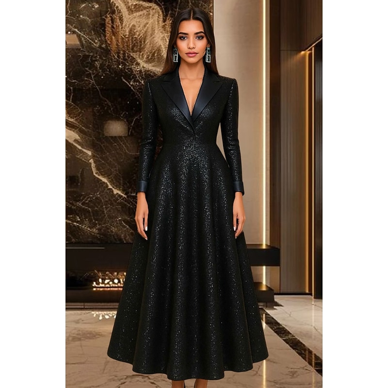 Tuxedo Dress A-Line Formal Wedding Guest Kentucky Derby Satin Sequin Elegant Glittering Long Sleeve Ankle Length Peak Lapel