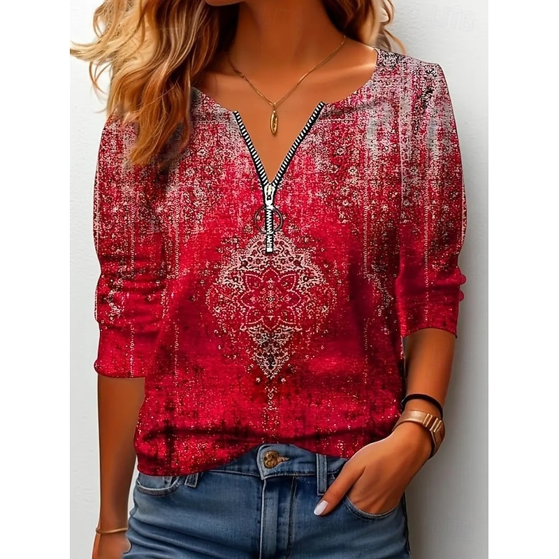 Women's T shirt Long Sleeve Quarter Zip Long Sleeve Casual Graphic Color Gradient Abstract Bohemia Vintage Stylish V Neck Regular Tops Daily Red Fuchsia  Spring Prefall