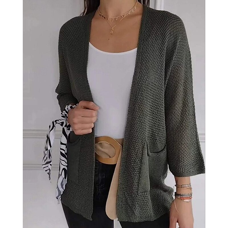 Women's Sweater Cardigan Fashion Streetwear Daily Solid Color Ribbed Open Front Knitted 3/4 Length Sleeve Regular Tops Knit Holiday Going out Weekend Army Green Navy Blue Spring Fall4