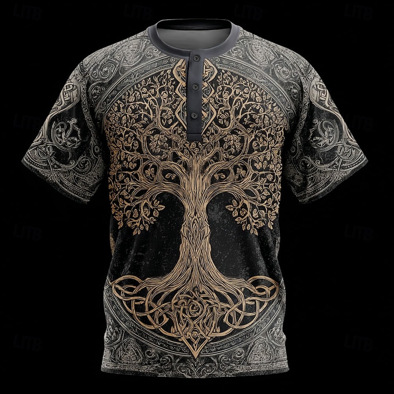 Men's Viking T Shirt Henley Shirt Short Sleeve Designer Retro Vintage Street Casual Daily Summer Spring All Seasons Blue Green Purple Khaki Henley Henley T-Shirt