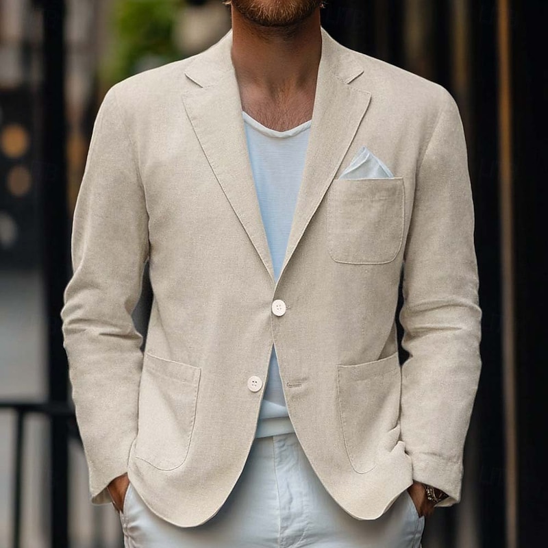Men's Linen Blazer Sport Coat Casual Daily Spring & Summer Cotton And Linen Solid Color Comfy Single Breasted Two-button Blazer Beige Light Blue3