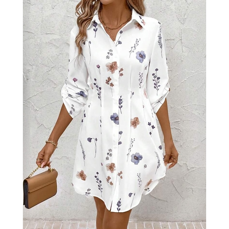 Women's Mini Dress Shirt Dress Print Dress Elegant Daily Fall Dress Regular Fit Floral Long Sleeve Shirt Collar Black White Pink Purple Fall