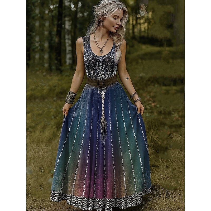 Women's Vintage Viking Celtic Knot Gradient Art Dress Pleated Dress Vacation Casual Boho Beach Regular Fit Graphic Ethnic Sleeveless V Neck U Neck2
