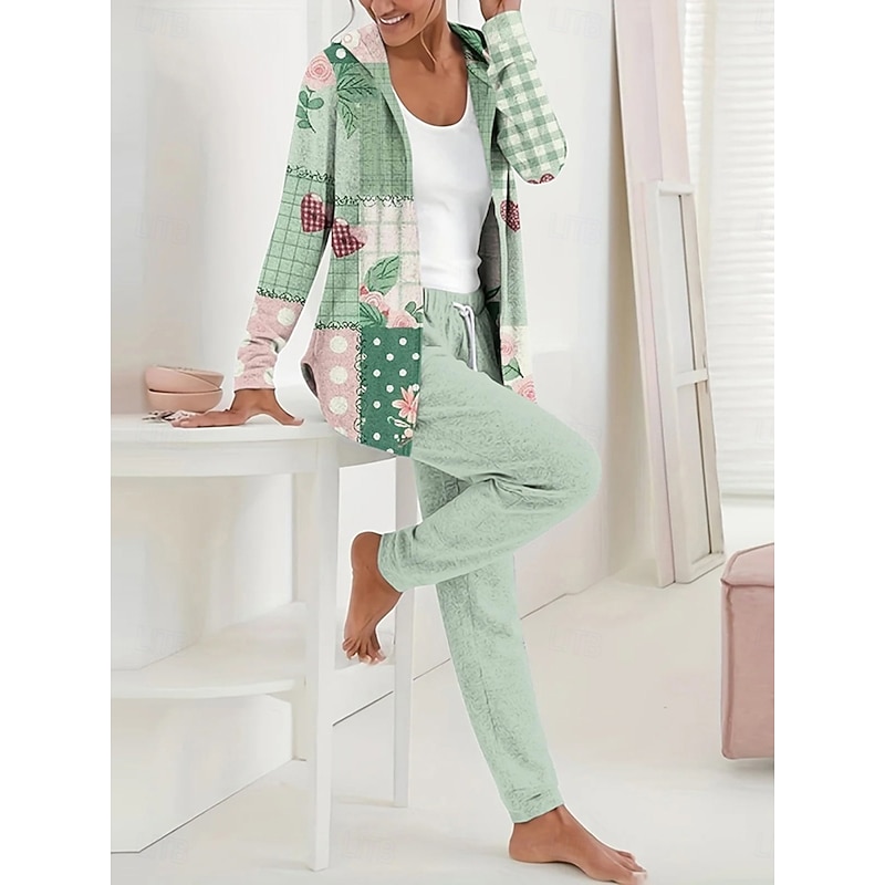 Women's 2 Pieces Hoodie Tracksuits Long Sleeve Daily Round Neck Hooded Floral Graphic Geometric Zipper Drawstring Print Casual Yellow Green Fall Regular Fit