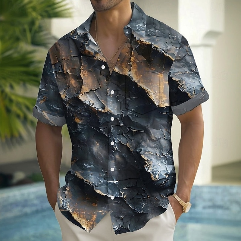 Men's Stone Vintage Rock Shirt Summer Shirt Button Up Shirt Short Sleeve Fashion Casual Outdoor Vacation Dailywear Summer Spring Turndown 3D Print Collared Shirts Front One Pocket Dark Gray
