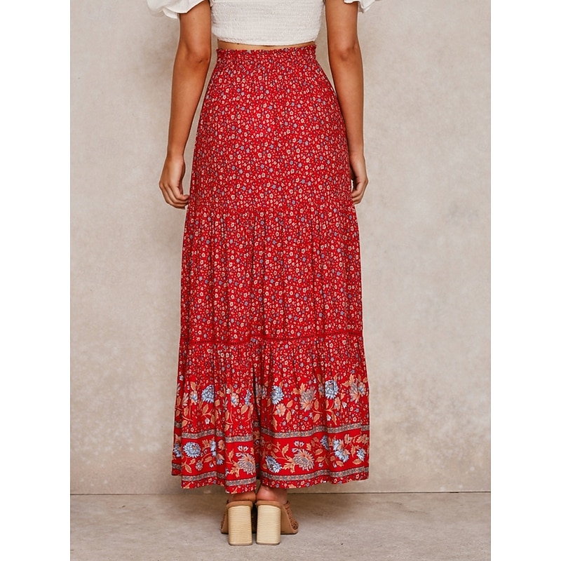 Women's Skirt A Line Bohemia Casual Maxi High Waist Skirts Floral Print Micro-elastic Street Daily Red Apricot Summer Polyester Rayon3