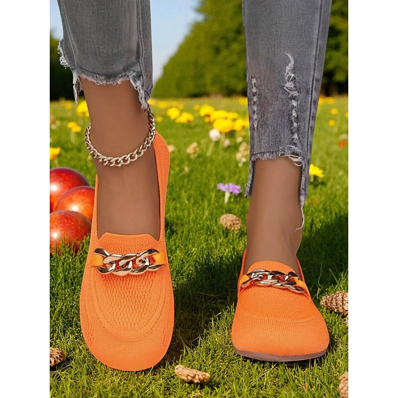 Women's Orange Wide Toe Flyknit Slip-On Loafers – Comfortable Breathable Casual Flats with Metal Chain Detail, Ideal for Shopping, Work and Garden Strolls2