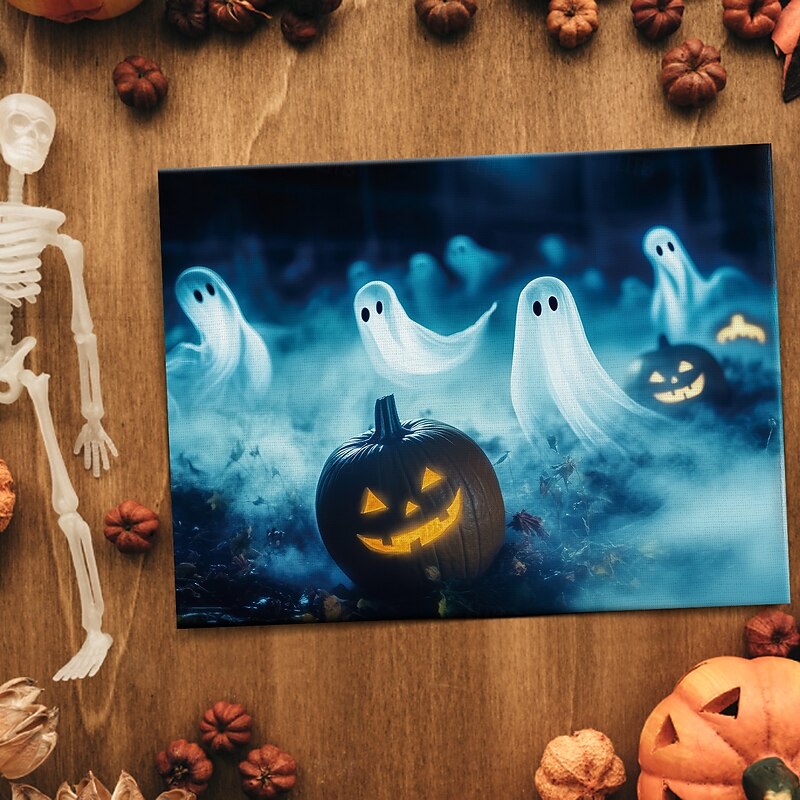 Halloween Ghosts and Pumpkins LED Canvas Wall Art - Battery Operated Lighted Wall Decor for 2025 Halloween home decoration light livingroom and bedroom3