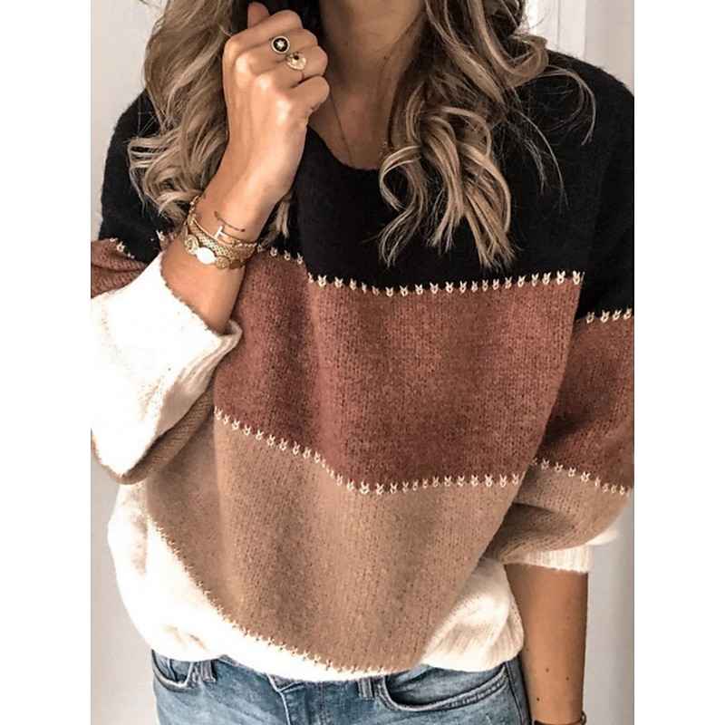 Women's Sweater Casual Soft Striped Ribbed Crew Neck Knitted Long Sleeve Regular Tops Knit Outdoor Daily Weekend Black Yellow Fall Winter