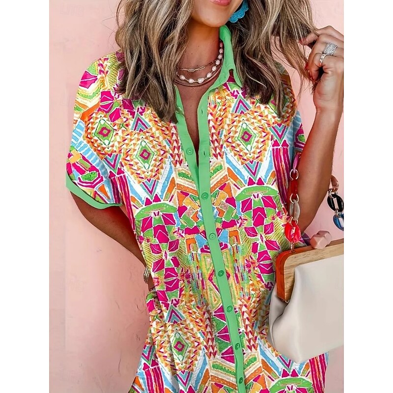 Women's Mini Dress Shirt Dress Casual Dress Summer Dress Vintage Daily Beach Weekend Regular Fit Geometric Color Block Short Sleeve Shirt Collar Green Summer4