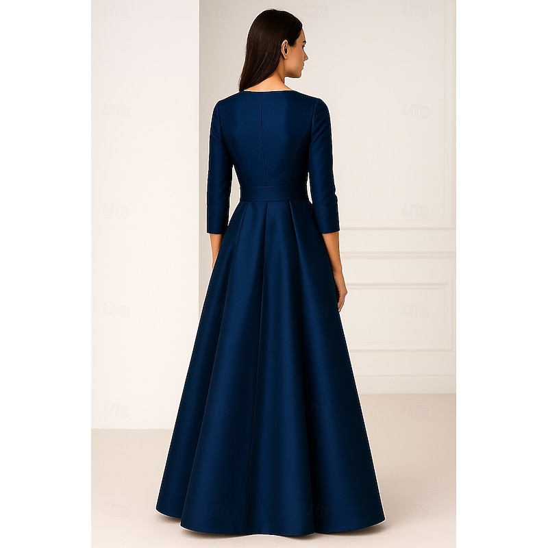 A-Line Evening Gown Elegant Dress Formal Wedding Guest Floor Length Half Sleeve V Neck Pocket Satin with Floral Print Bow(s)2