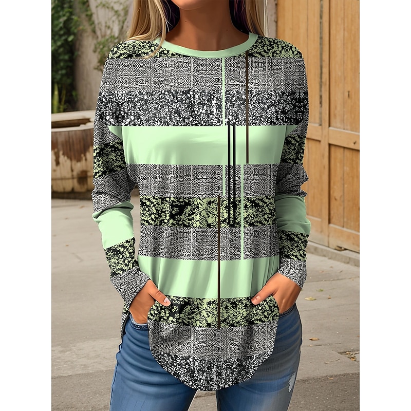 Women's T Shirt Graphic Geometric Vintage Fashion Stylish Long Sleeve Crew Neck Round Neck Regular Tops Weekend Print Blue Purple Green Gray Spring Fall2
