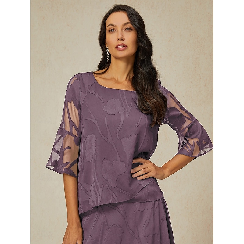 Women's Lace Shirt Blouse Dressy Tops Chiffon Tops Solid Color Floral Flower Elegant Stylish 3/4 Length Sleeve Bell Sleeve Boat Neck Regular Tops Wedding Guest Work Daily Asymmetric Hem Light Purple