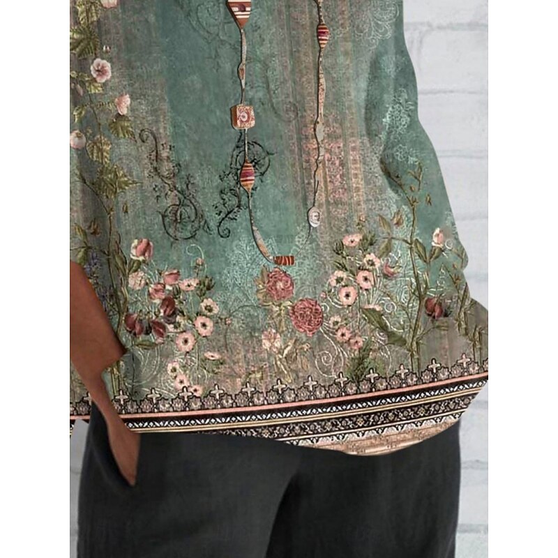 Women's Shirt Floral Daily Casual 3/4 Length Sleeve Crew Neck Regular Tops Daily Holiday Print Green Summer Spring Fall3