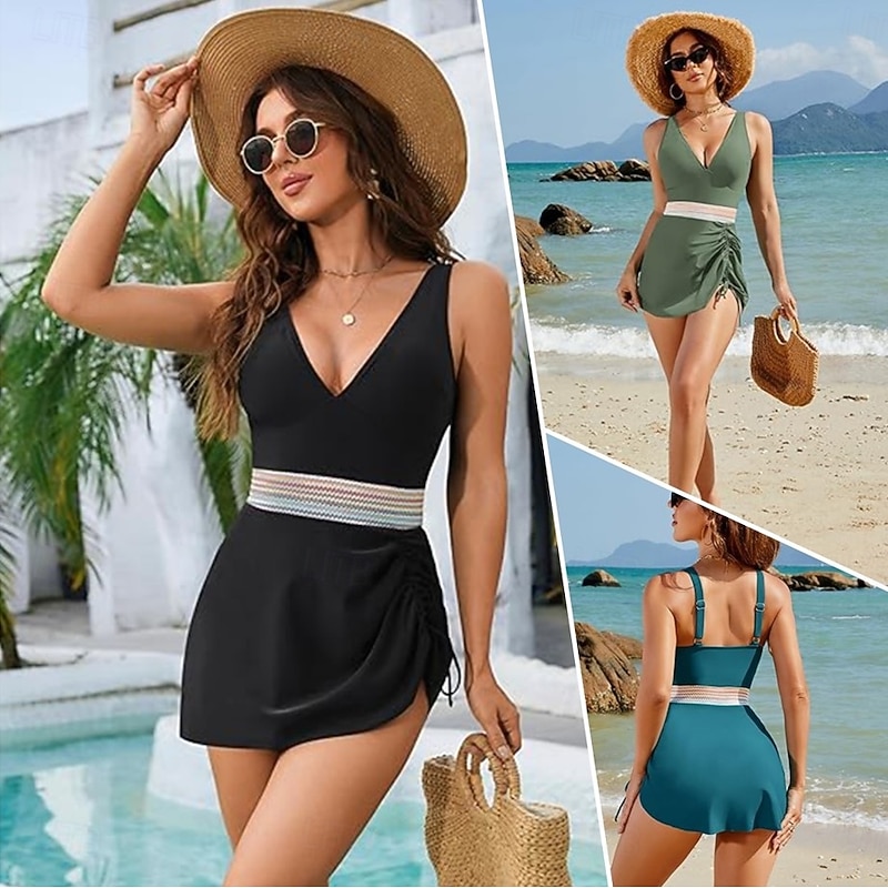 Women's Swimwear One Piece Swimsuit Mesh Backless Beach Wear Boho Solid Color Plain Plunge Sleeveless Bathing Suits