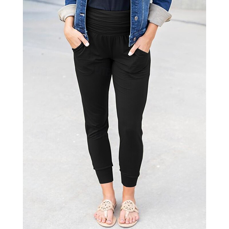 Women's Slacks Leggings Cozy Leggings Streetwear Casual Full Length Natural Plain Pocket Elastic Waist Soft Outdoor Vacation Going out Grey Black Red Blue Fall Regular Fit2