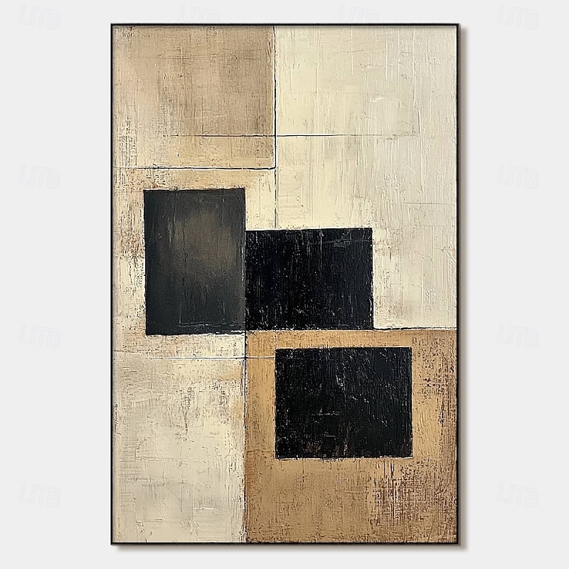 Handmade hand Painted Geometric Oil Painting Abstract Rectangles Modern Minimalist Art Textured Canvas Beige Taupe Charcoal Black Blocks Neutral Tones Contemporary Home Decor Wall Art Living Room
