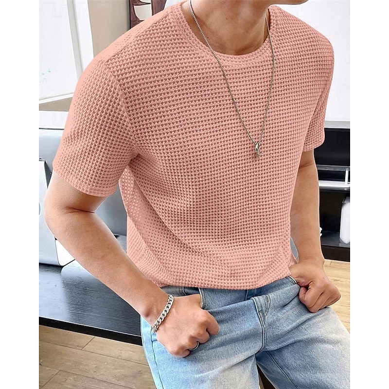 Men's Waffle Tee T Shirt Tee Short Sleeve Shirt Short Sleeve Crew Neck Summer Plain Fashion Designer Basic Jacquard Vacation Street Going out Pink Khaki Coffee Top Tee for Men