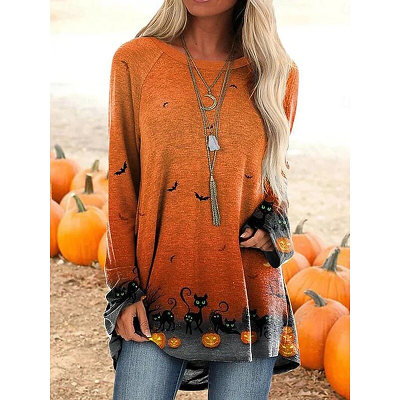 Halloween Women's T shirt Pumpkin Long Sleeve Graphic Vintage Stylish Casual Long Sleeve Crew Neck Long Tops Daily Print Black White Yellow Orange Spring Fall Prefall