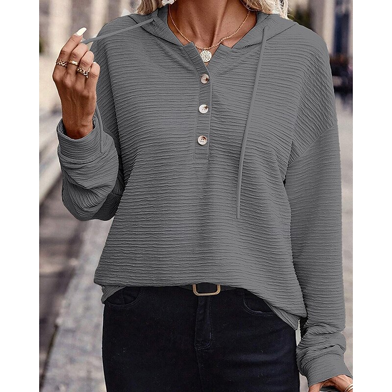 Women's Texture Sweatshirt Pullover Hoodie Sweatshirt Plain Streetwear Casual Comfy Long Sleeve Hooded Regular Tops Street Holiday Going out Buttons Black Pink Gray Fall3