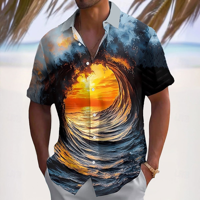 Men's Optical Illusion Ocean Sunset Summer Hawaiian Shirt Button Up Shirt Aloha Shirt Short Sleeve Hawaiian Vacation Beach Wear Summer Spring Turndown 3D Print Collared Shirts Light Blue Black Blue