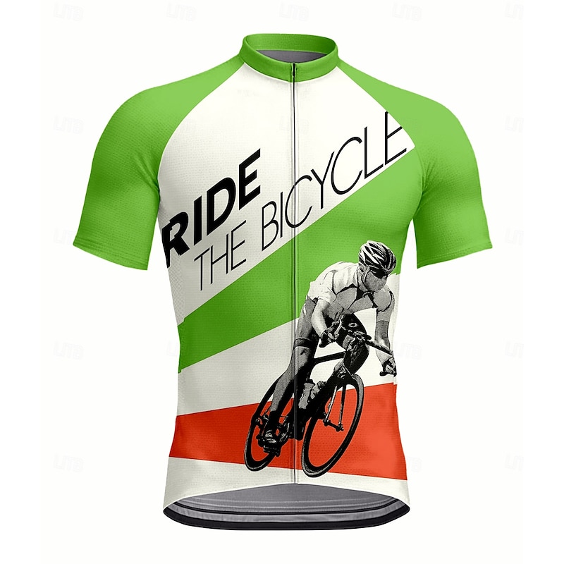 Men's Cycling Jersey Graphic Geometric Letter & Number Short Sleeve Bike Jersey Top with 3 Rear Pockets UV Resistant Quick Dry Front Zipper Reflective Strips Sports Green Clothing Apparel