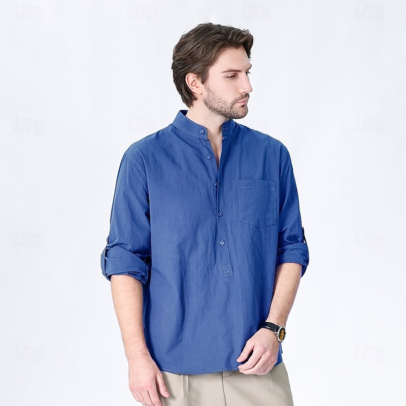 Men's 100% Cotton Shirt Black White Yellow Red Dark Navy Long Sleeve Plain Grandad Collar School Formal Clothing Apparel Minimalist