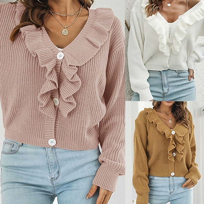 Women's Pullover Casual Solid Color Chunky V Neck Ruffle Knitted Long Sleeve Regular Tops Knit Daily Holiday Going out White Yellow Fall Winter