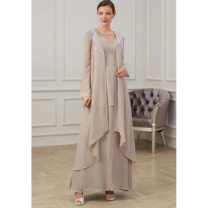 Two Piece Mother of the Bride Dress Formal Wedding Guest Floor Length Long Sleeve V Neck Chiffon with Ruffles Appliques