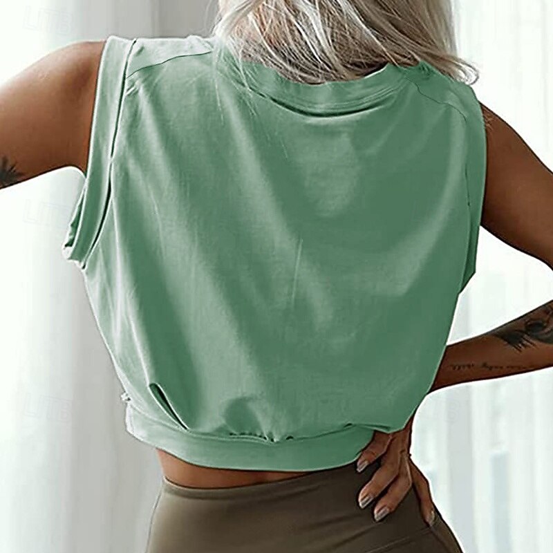 Women's Crop T-Shirt Breathable Sleeveless Sports Solid Color Top For Gym Athletic Pilates Loose Fit Activewear3