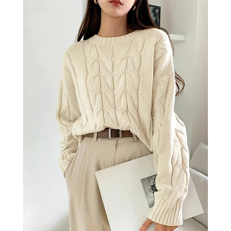 Women's Sweater Pullover Daily Stylish Casual Solid Color Ribbed Crew Neck Knitted Long Sleeve Regular Tops Knit Daily Holiday Going out Wine Red Navy Blue Fall Winter