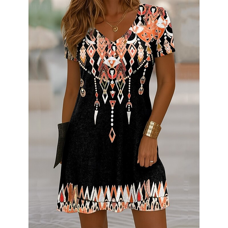 Women's Mini Dress T Shirt Dress Tee Dress Sundress Vacation Casual Boho Going out Regular Fit Graphic Paisley Abstract Short Sleeve V Neck Pink Blue Purple Orange Summer Spring3