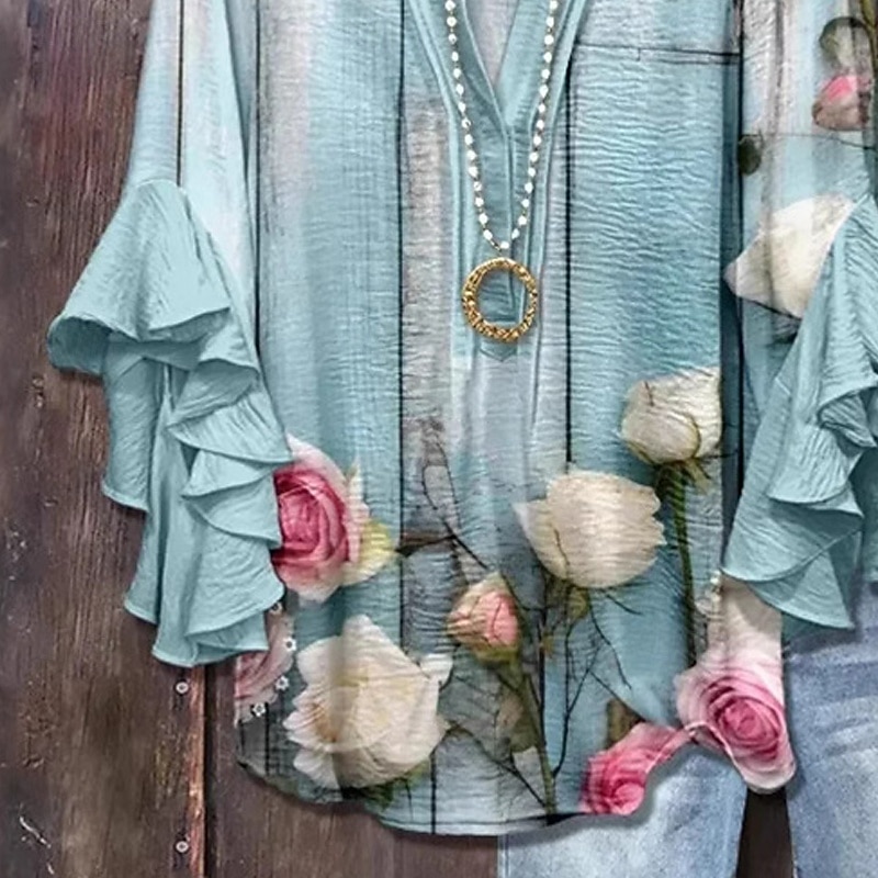 Women's T Shirt Tee Top Floral Fashion Modern Short Sleeve V Neck Regular Tops Daily Going out Beach Wear Ruffle Print Blue Summer Spring3